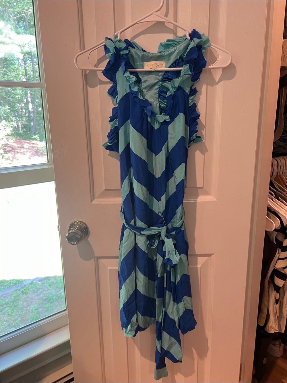 Sleeveless Chevron Ruffle Belted Dress - Blue/Turquoise